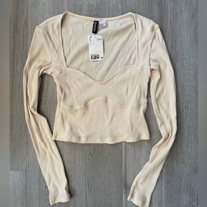 H&M Cream Cropped Ribbed Corset Long Sleeve Top size Small